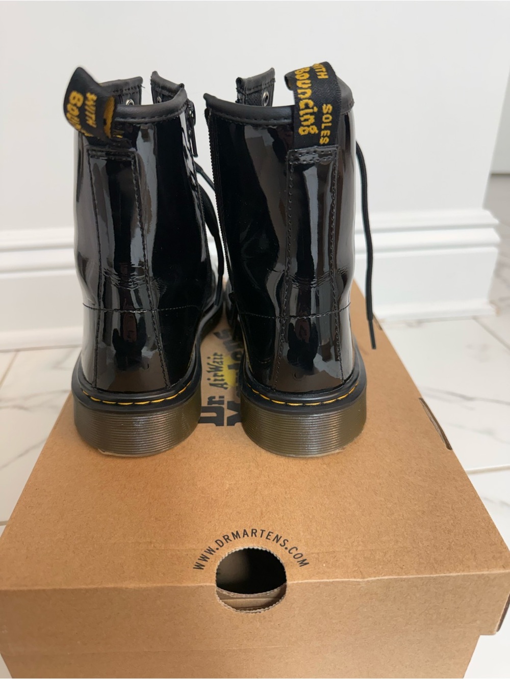 Dr. Martens Black Patent Lace-Up Combat Boots with Yellow Stitching - Picture 4 of 7